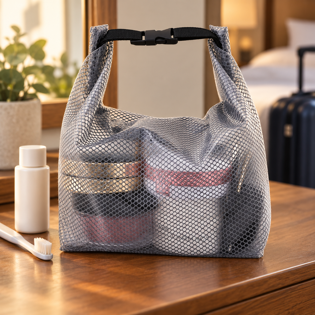 💼 Travel‑Essential | Breathable Mesh Fabric | Trip Toiletry Organizer | For Men & Women | Sleek Grey Pouch