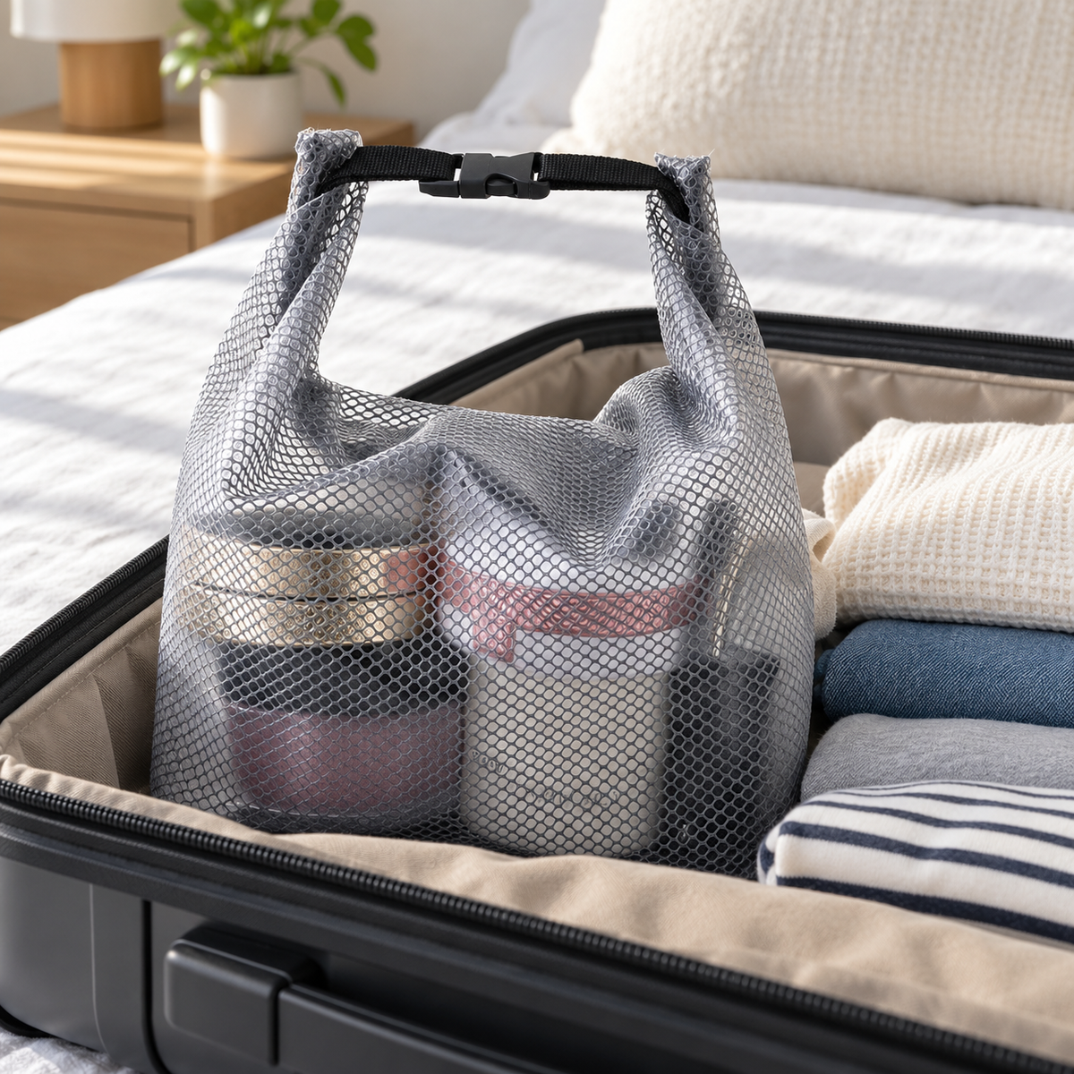💼 Travel‑Essential | Breathable Mesh Fabric | Trip Toiletry Organizer | For Men & Women | Sleek Grey Pouch