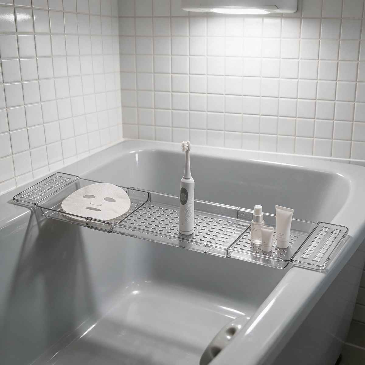 🛁 Bath‑Must‑Have | Clear Acrylic Build | Expandable Bathtub Caddy | For Spa‑Lovers | Sleek See‑Through Design