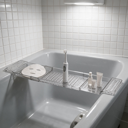 🛁 Bath‑Must‑Have | Clear Acrylic Build | Expandable Bathtub Caddy | For Spa‑Lovers | Sleek See‑Through Design
