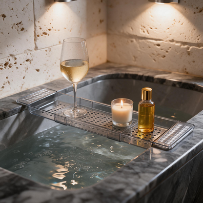 🛁 Bath‑Must‑Have | Clear Acrylic Build | Expandable Bathtub Caddy | For Spa‑Lovers | Sleek See‑Through Design