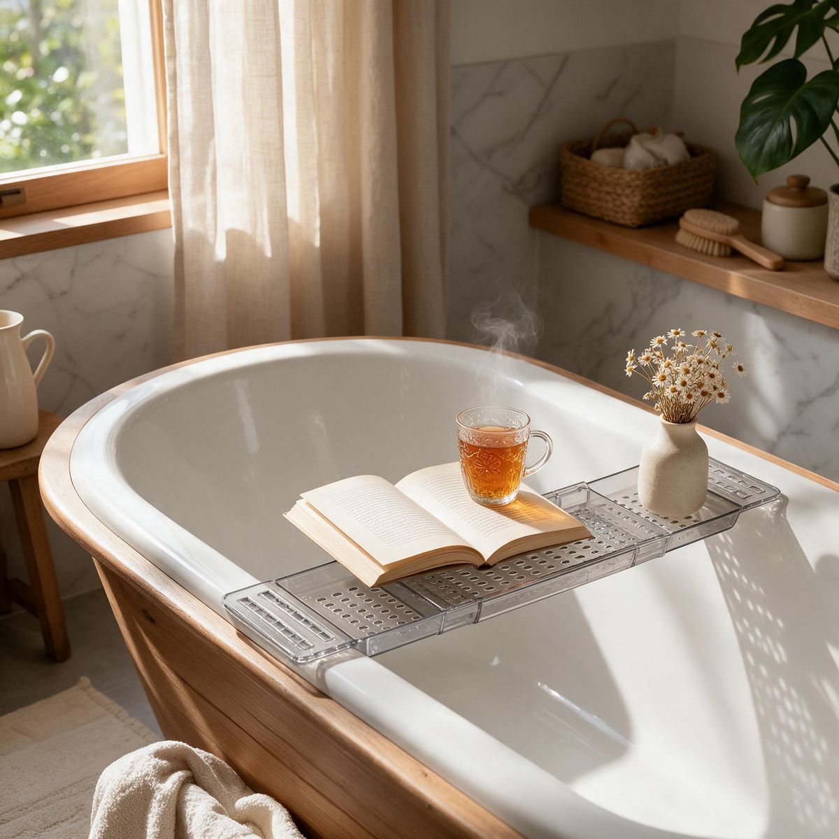 🛁 Bath‑Must‑Have | Clear Acrylic Build | Expandable Bathtub Caddy | For Spa‑Lovers | Sleek See‑Through Design
