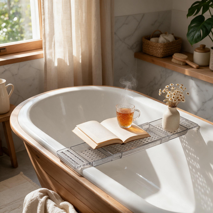 🛁 Bath‑Must‑Have | Clear Acrylic Build | Expandable Bathtub Caddy | For Spa‑Lovers | Sleek See‑Through Design