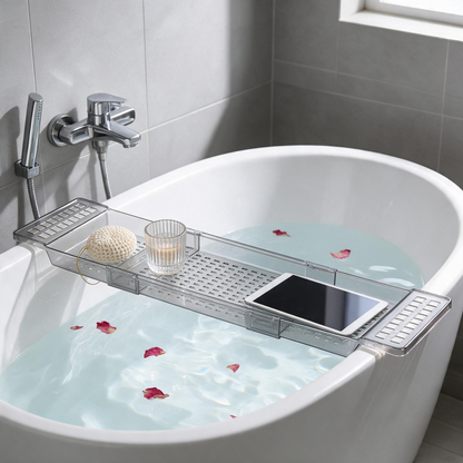 🛁 Bath‑Must‑Have | Clear Acrylic Build | Expandable Bathtub Caddy | For Spa‑Lovers | Sleek See‑Through Design